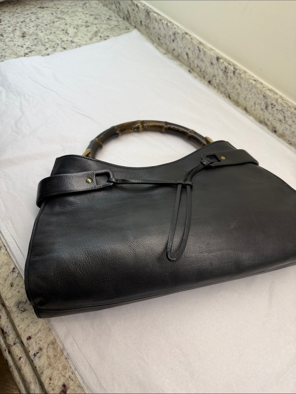 Gucci Black Leather Shoulder Bag with Bamboo Handle